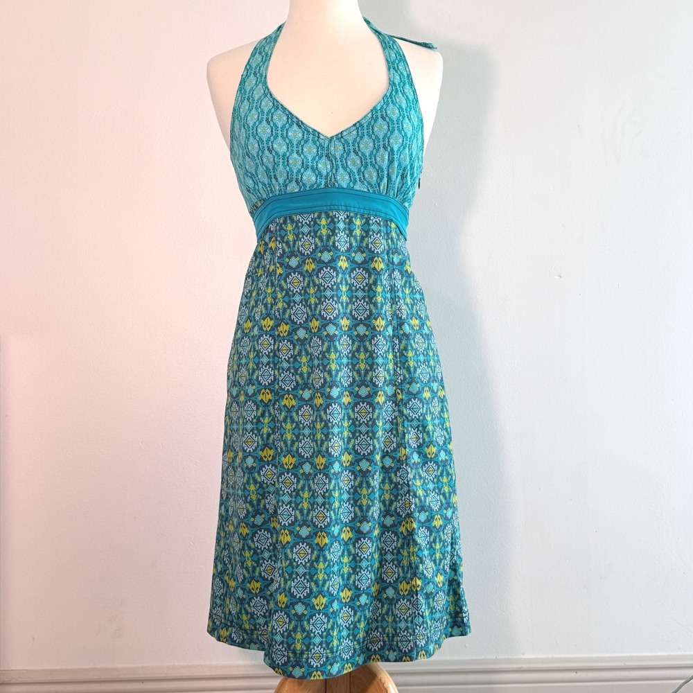 Athleta Pack Everywhere Halter Dress Size 6 Teal Geometric Boho Vacation Resort